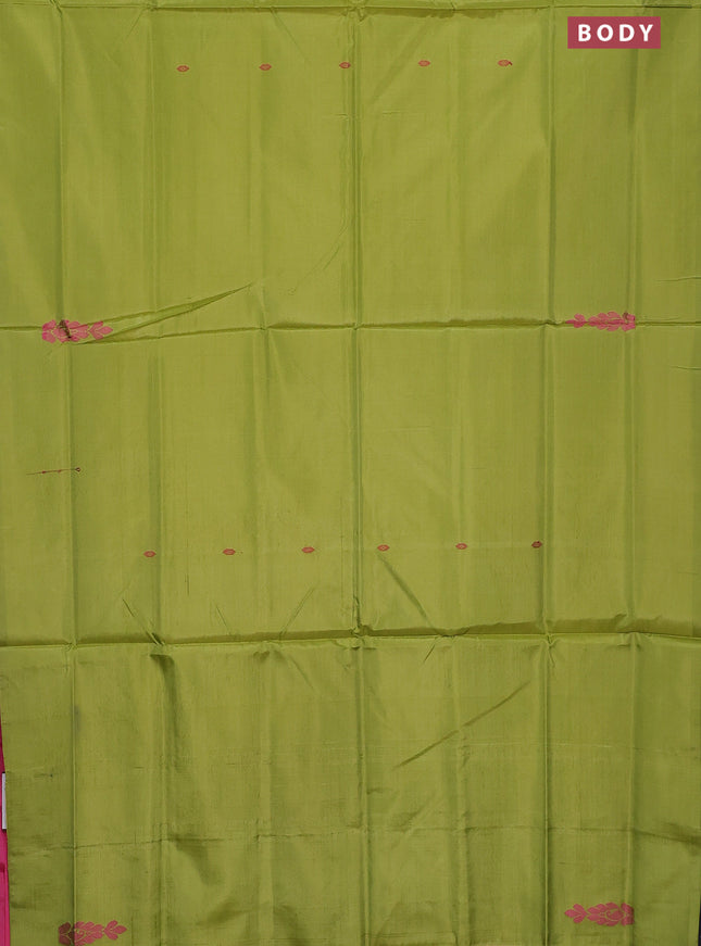 Banana pith saree light green and pink with thread woven buttas in borderless style