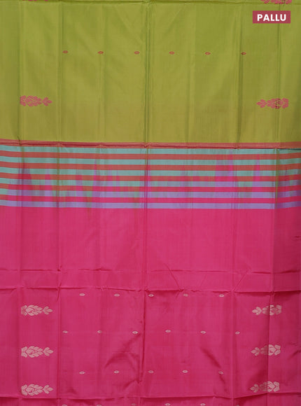 Banana pith saree light green and pink with thread woven buttas in borderless style