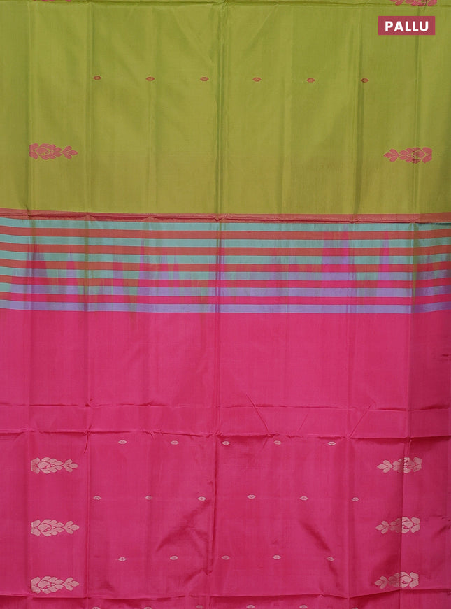 Banana pith saree light green and pink with thread woven buttas in borderless style