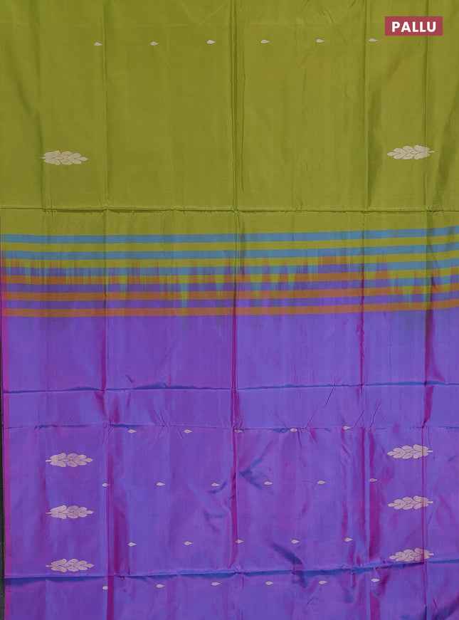 Banana pith saree light green and dual shade of purple with thread woven buttas in borderless style