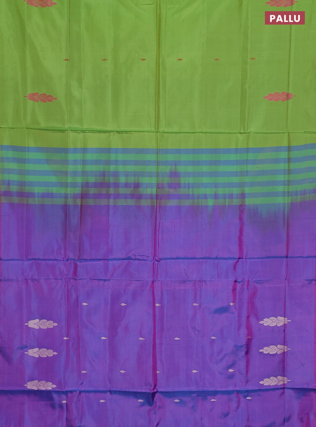 Banana pith saree light green and dual shade of purple with thread woven buttas in borderless style