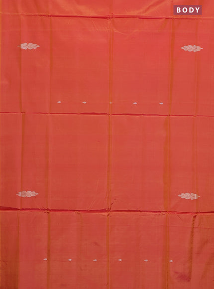 Banana pith saree dual shade of mango yellow and dark green with thread woven buttas in borderless style