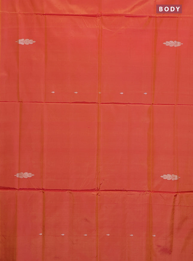 Banana pith saree dual shade of mango yellow and dark green with thread woven buttas in borderless style