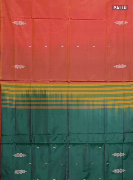 Banana pith saree dual shade of mango yellow and dark green with thread woven buttas in borderless style
