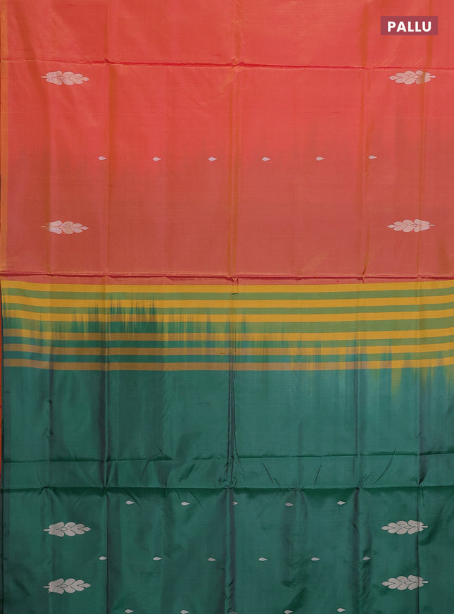 Banana pith saree dual shade of mango yellow and dark green with thread woven buttas in borderless style