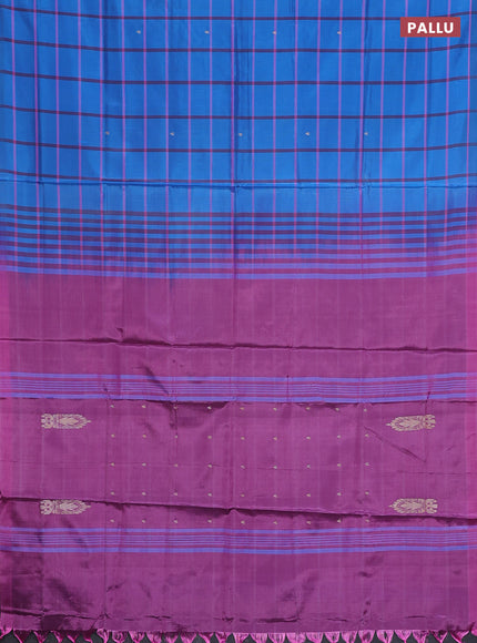 Banana pith saree cs blue and mild purple with allover checked pattern and piping border