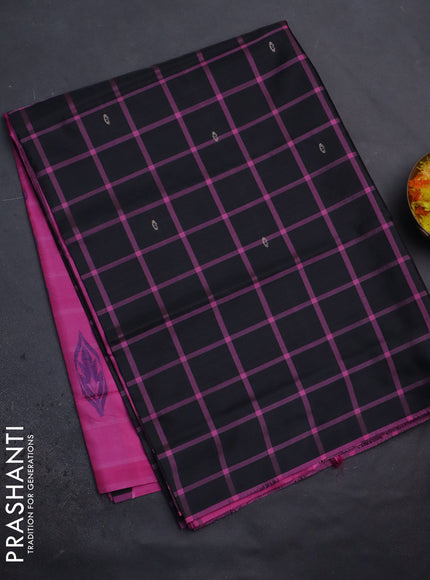 Banana pith saree black and pink with allover checked pattern and piping border