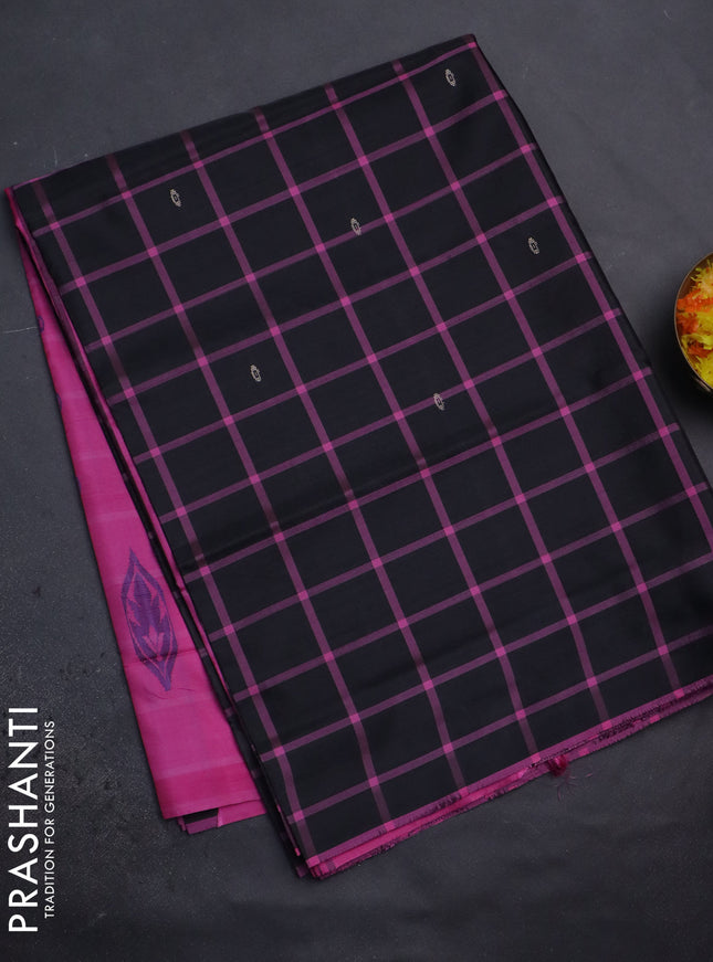 Banana pith saree black and pink with allover checked pattern and piping border