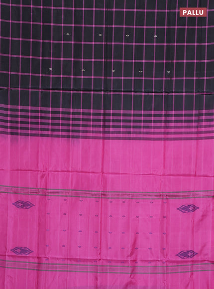 Banana pith saree black and pink with allover checked pattern and piping border