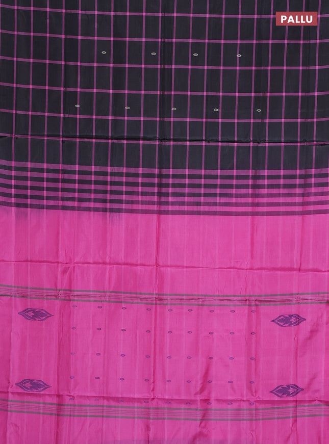 Banana pith saree black and pink with allover checked pattern and piping border
