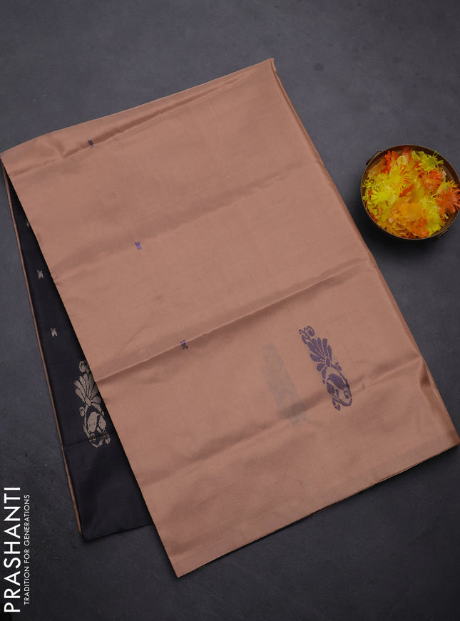 Banana pith saree sandal and black with thread woven buttas in borderless style