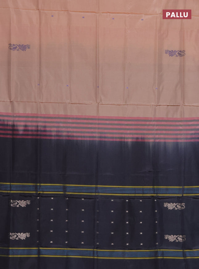 Banana pith saree sandal and black with thread woven buttas in borderless style