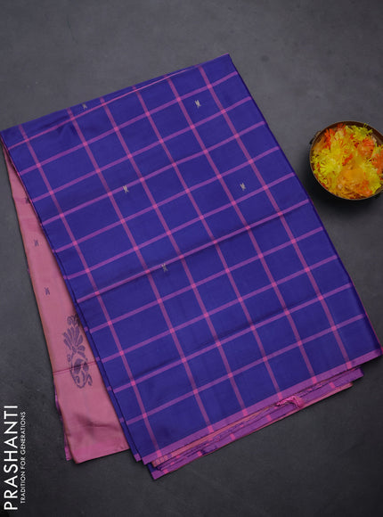 Banana pith saree blue and light pink with allover checked pattern and piping border