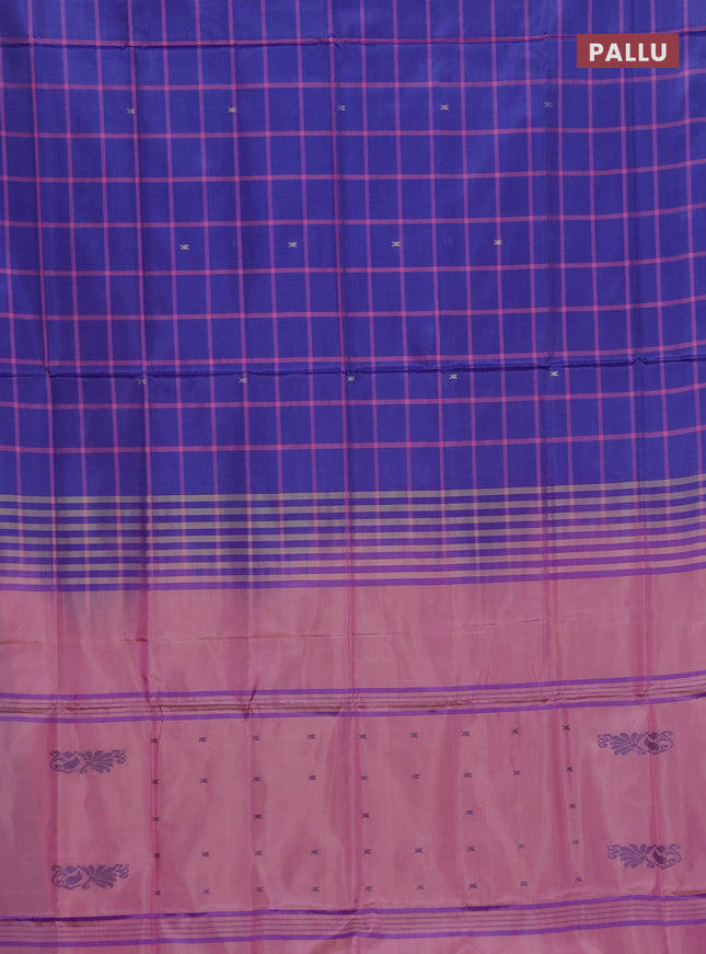 Banana pith saree blue and light pink with allover checked pattern and piping border
