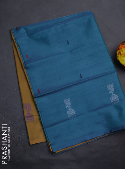 Banana pith saree bluish green and dark mustard with thread woven buttas in borderless style