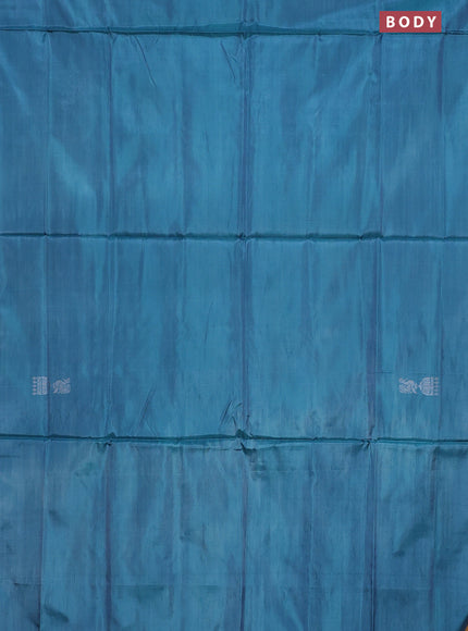 Banana pith saree bluish green and dark mustard with thread woven buttas in borderless style