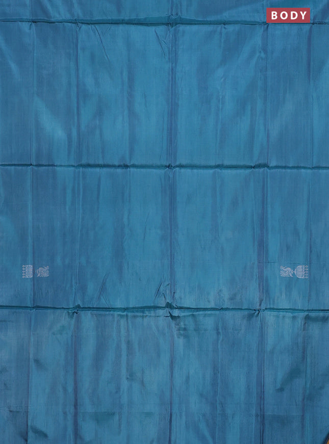 Banana pith saree bluish green and dark mustard with thread woven buttas in borderless style