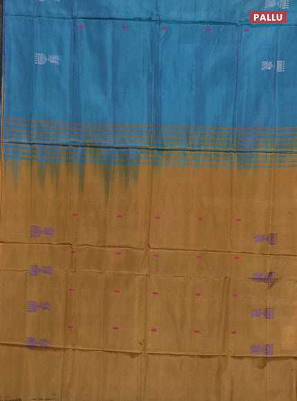 Banana pith saree bluish green and dark mustard with thread woven buttas in borderless style