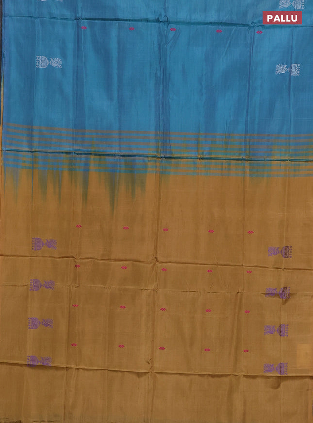 Banana pith saree bluish green and dark mustard with thread woven buttas in borderless style