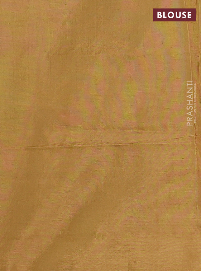 Banana pith saree bluish green and dark mustard with thread woven buttas in borderless style