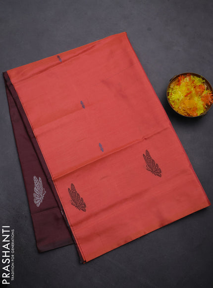 Banana pith saree orange and maroon with thread woven buttas in borderless style
