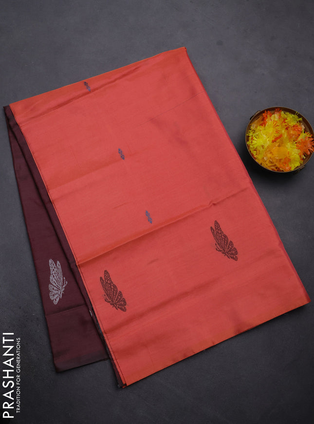 Banana pith saree orange and maroon with thread woven buttas in borderless style