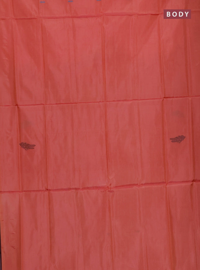 Banana pith saree orange and maroon with thread woven buttas in borderless style