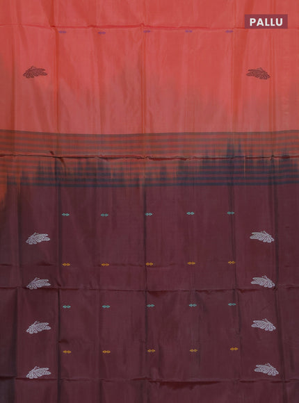 Banana pith saree orange and maroon with thread woven buttas in borderless style