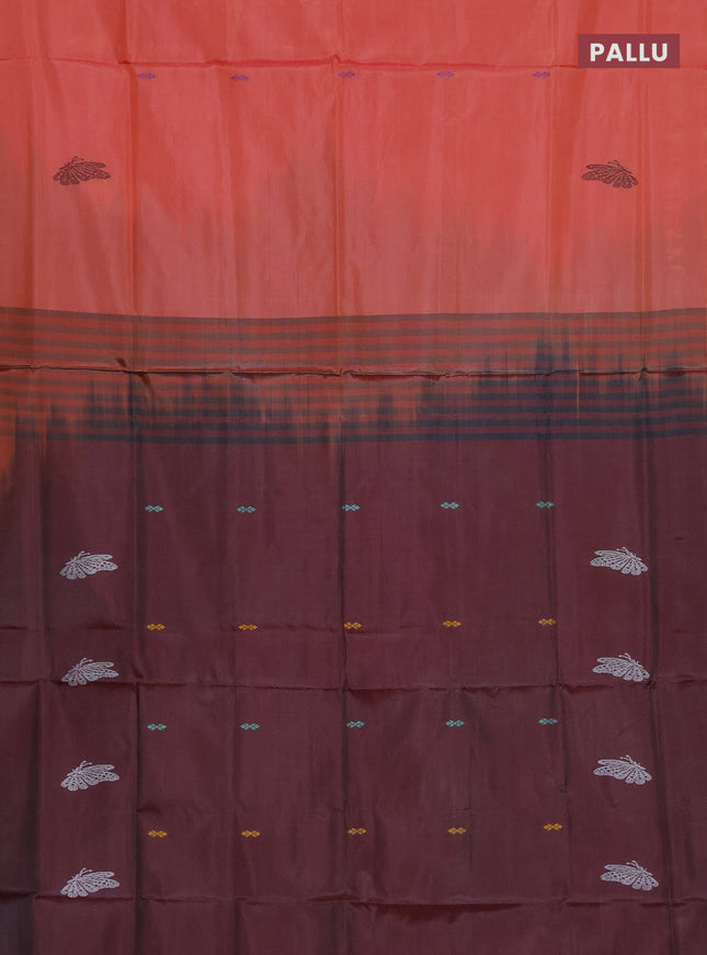 Banana pith saree orange and maroon with thread woven buttas in borderless style