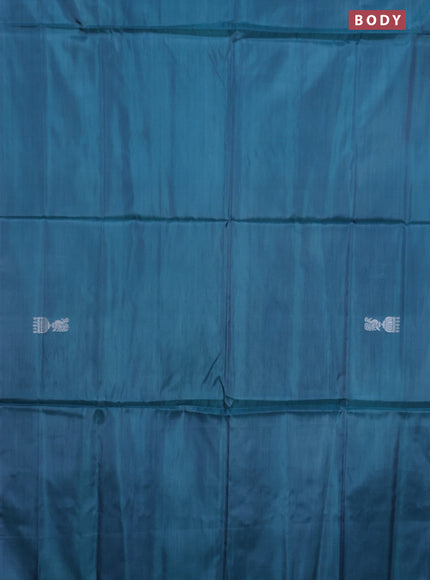 Banana pith saree teal blue and dark mustard with thread woven buttas in borderless style