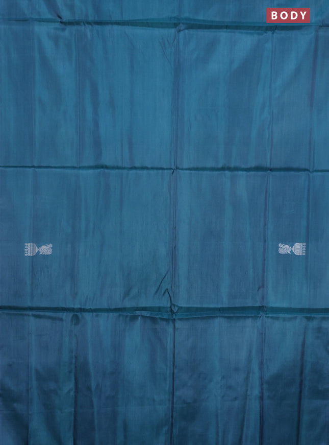 Banana pith saree teal blue and dark mustard with thread woven buttas in borderless style