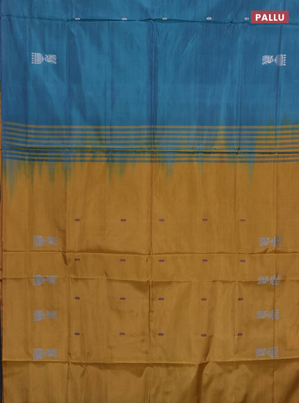 Banana pith saree teal blue and dark mustard with thread woven buttas in borderless style