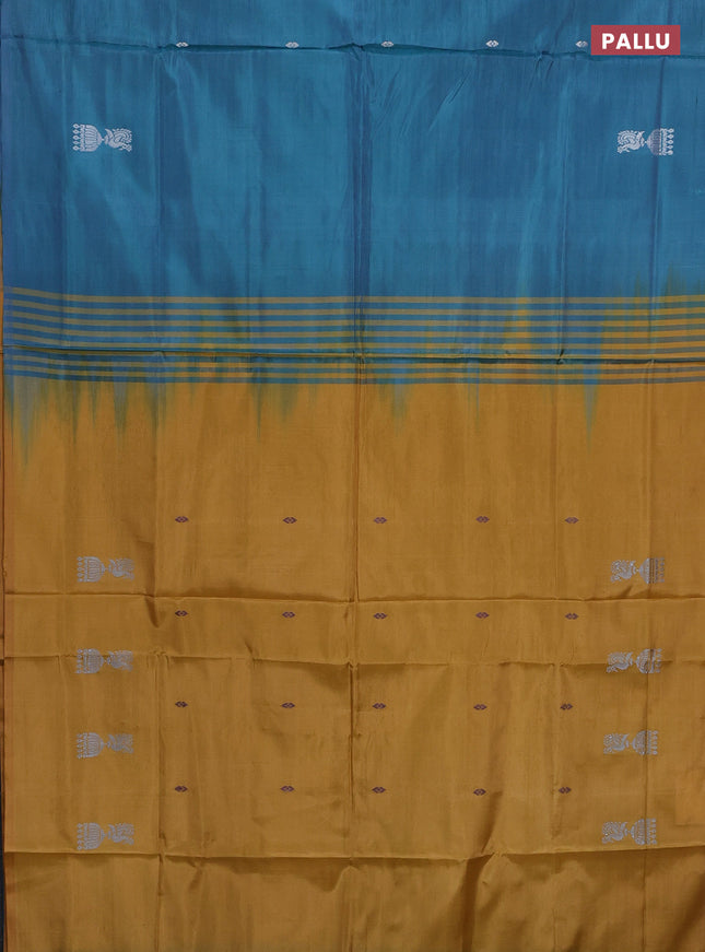 Banana pith saree teal blue and dark mustard with thread woven buttas in borderless style
