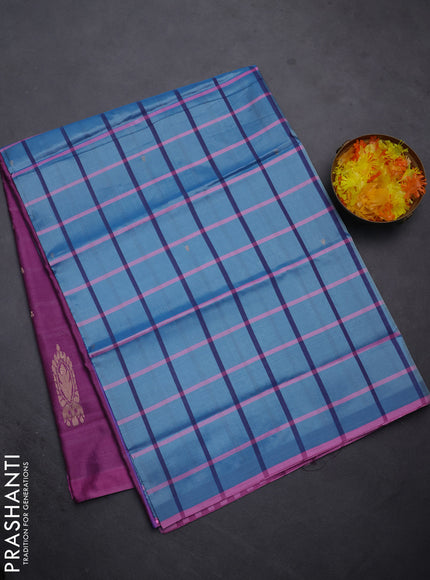 Banana pith saree blue and magenta pink with allover checked pattern and piping border