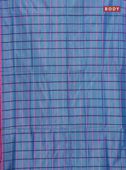 Banana pith saree blue and magenta pink with allover checked pattern and piping border