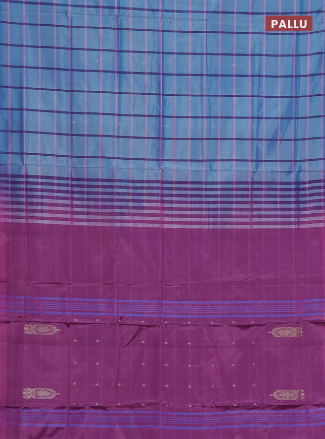 Banana pith saree blue and magenta pink with allover checked pattern and piping border
