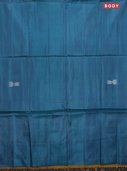 Banana pith saree teal blue and dark mustard with thread woven buttas in borderless style