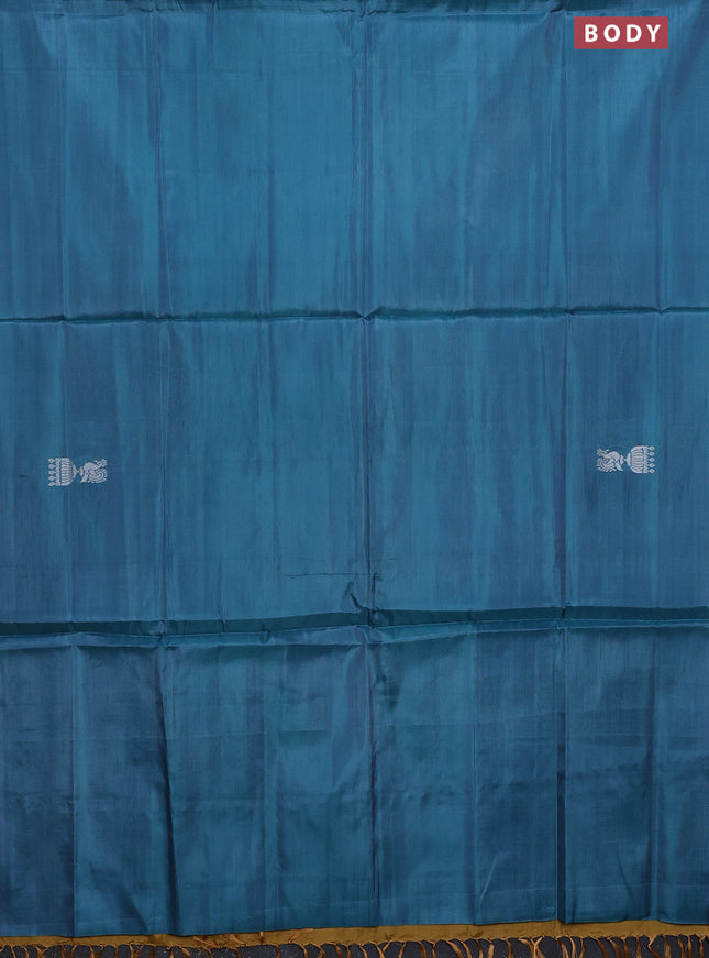 Banana pith saree teal blue and dark mustard with thread woven buttas in borderless style