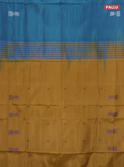 Banana pith saree teal blue and dark mustard with thread woven buttas in borderless style