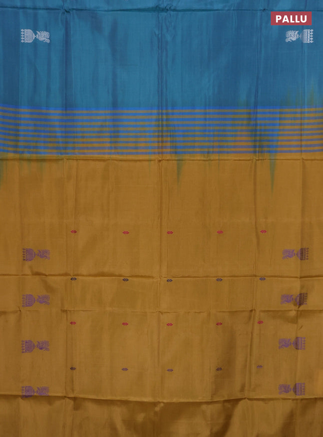 Banana pith saree teal blue and dark mustard with thread woven buttas in borderless style
