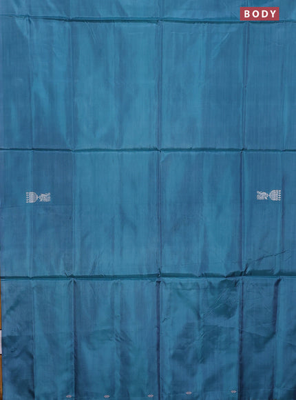 Banana pith saree blue and dark mustard with thread woven buttas in borderless style