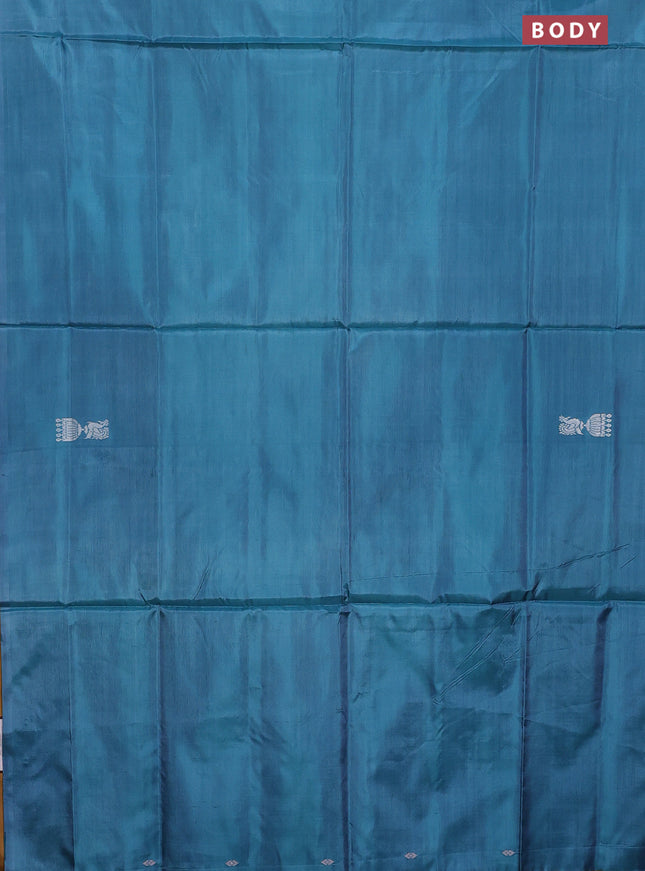 Banana pith saree blue and dark mustard with thread woven buttas in borderless style