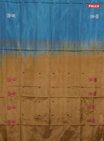Banana pith saree blue and dark mustard with thread woven buttas in borderless style