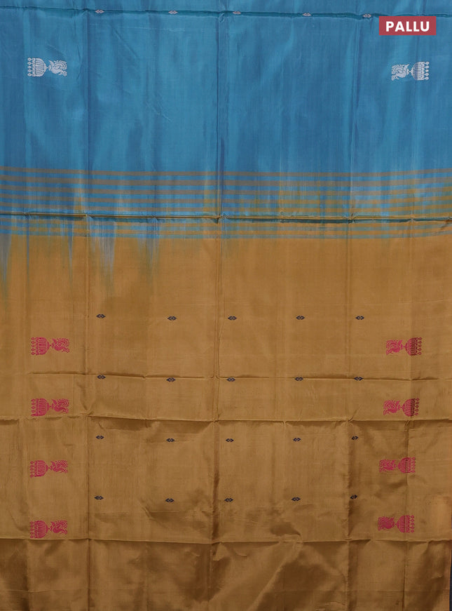 Banana pith saree blue and dark mustard with thread woven buttas in borderless style