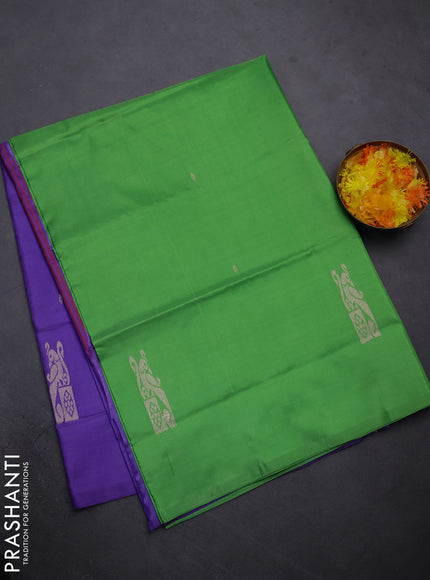 Banana pith saree green and lavender with thread woven buttas in borderless style