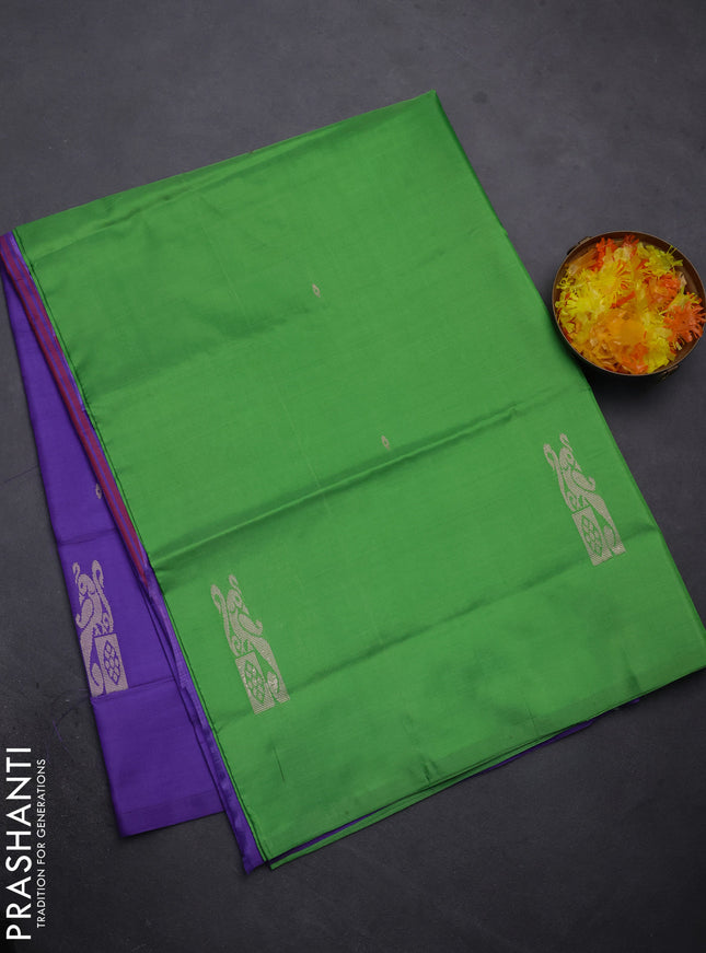 Banana pith saree green and lavender with thread woven buttas in borderless style