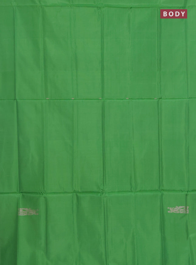 Banana pith saree green and lavender with thread woven buttas in borderless style