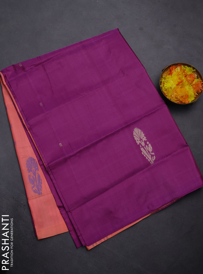 Banana pith saree purple and peach orange with thread woven buttas in borderless style