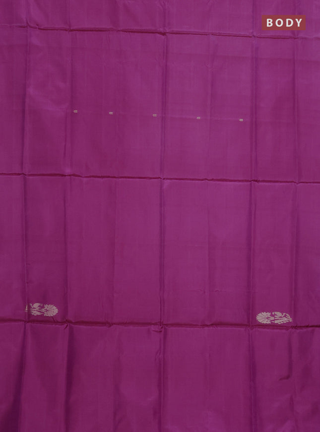 Banana pith saree purple and peach orange with thread woven buttas in borderless style