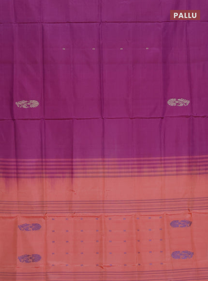 Banana pith saree purple and peach orange with thread woven buttas in borderless style